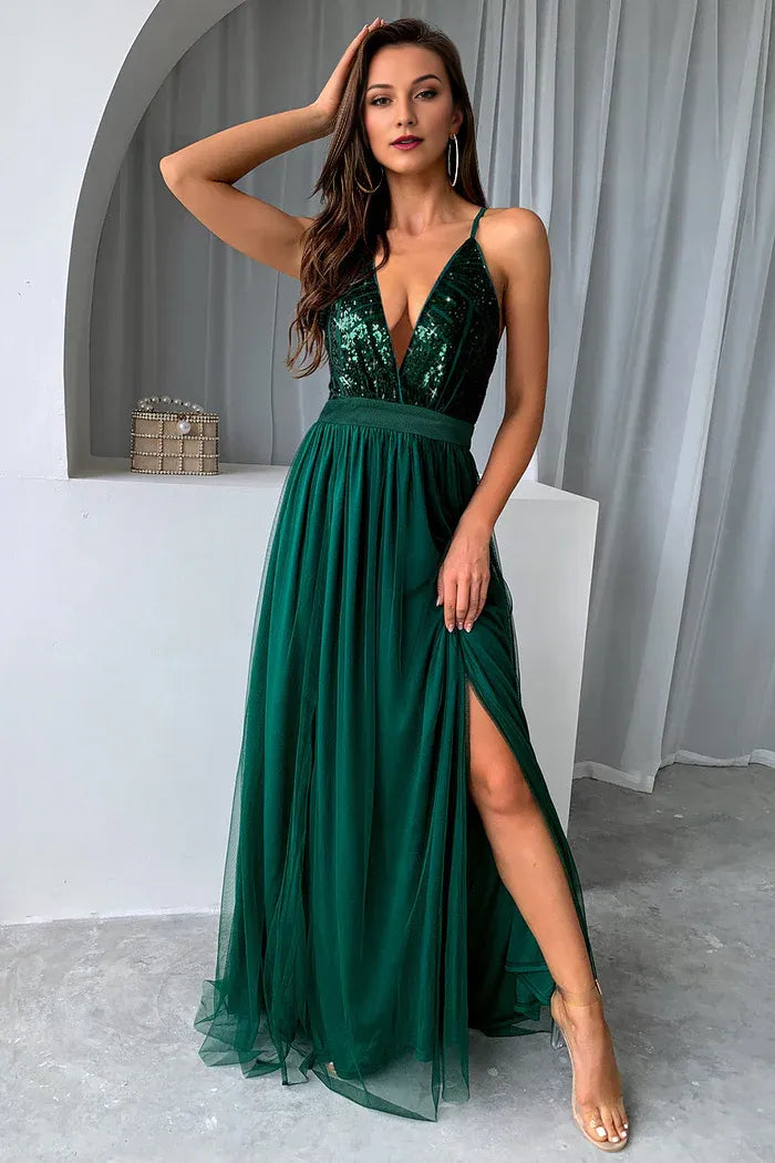 Robe Weitese vert foncé, coupe trapèze, bretelles spaghetti, robe de soirée longue sans manches avec fente, robe de bal